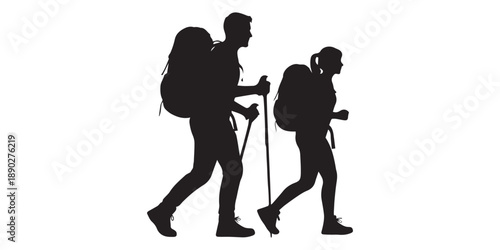 Silhouette of hiker. Collection of male and female hiker. mountaineer climber hiker people, vector silhouette collection. hiking man and woman with rucksack silhouette. Backpacker and climber people.