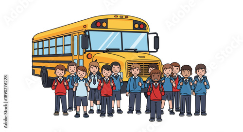Group of diverse school children with backpacks standing in front of a yellow school bus ready for a field trip or the first day of school capturing childhood and education, Generative AI.