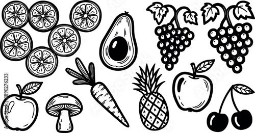 Hand drawn black and white vector collection of sliced lemon, avocado, grapes, apple, carrot, pineapple, mushroom, and cherries with leaf details