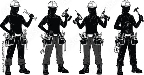 Female construction workers silhouettes holding tools, hard hats and tool belts, professional women builders teamwork illustration isolated on white background