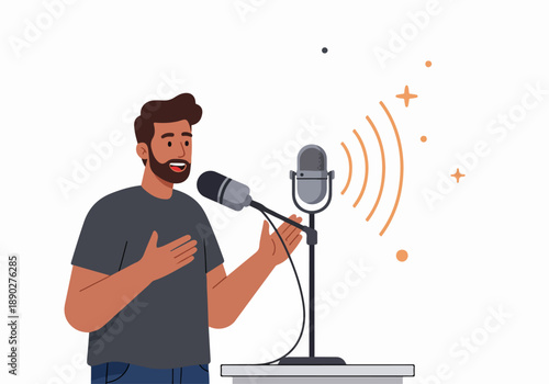 Bearded man speaking into a microphone, broadcasting a podcast or radio show with sound waves, illustration for communication and digital media.