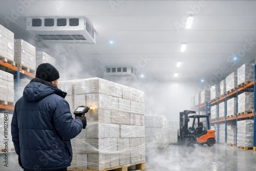 Warehouse worker scanning inventory in a cold storage facility with fog and forklift