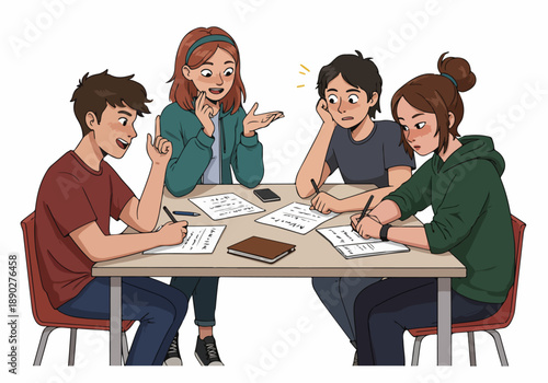 Diverse young students engaged in a lively group study session, actively collaborating, sharing ideas, and taking notes for academic success.