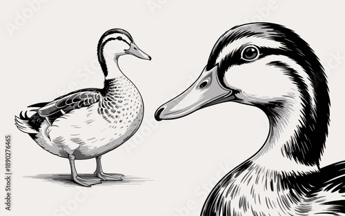 Detailed black and white illustration of two ducks facing each other.
