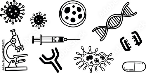 Black and white line art scientific icons featuring microscope virus syringe dna cell antibody and pill design