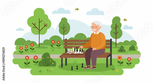 Smiling elderly man playing chess in a sunny park, enjoying outdoor leisure and mental stimulation.