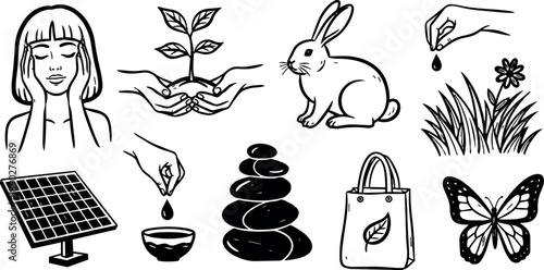Black and white line art collection showing woman relaxing, hands holding plant, rabbit, hand dropping water, solar panel, stacked stones, tote bag with leaf and butterfly icons