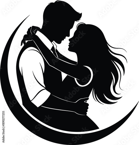 Romantic, couple, silhouette, embracing, love, intimacy, passion, moon, crescent, romance, vector, illustration, black, white, design, wedding, engagement, hug, affection, concept