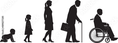 Black silhouette of human life cycle evolution from crawling baby and young child to adult woman and elderly man in wheelchair on white background
