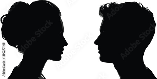 Male and female face silhouettes facing each other in profile, communication relationship concept illustration isolated on white background, minimalist vector