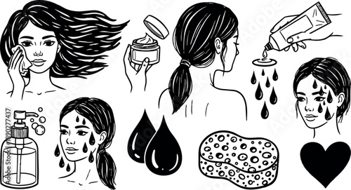 Black and white flat design skincare routine icons with woman cleansing face applying cream and water droplets