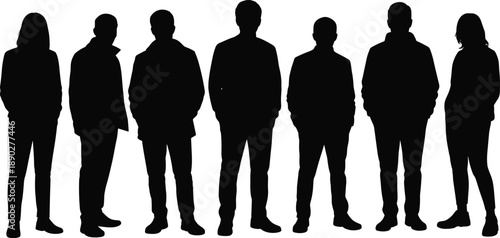 Silhouettes of men and women standing in casual poses, representing modern lifestyle, identity, diversity and contemporary fashion in everyday urban environments