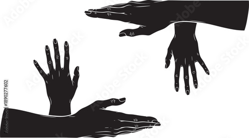Black silhouette of various human hand gestures and open palms isolated on white background for concepts of care protection support connection and manual labor