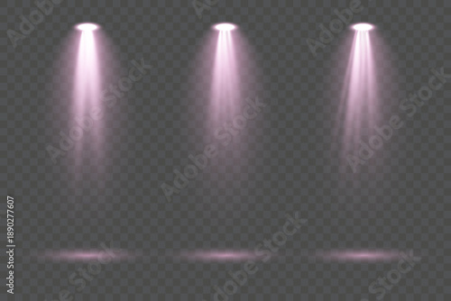 Creative collection of bright pink lighting spot sources including stage spotlights, floodlight beams and atmospheric rays isolated on transparent background ideal for concert visuals and abstract vec
