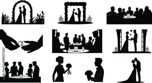 Wedding, silhouette, set, romantic, ceremony, proposal, engagement, couple, celebration, love, vector, illustration, black, white, icons, collection, marriage, event, design, concept