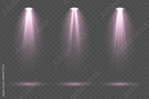 Set of pink spotlights with powerful illumination beams and diffused radiant rays isolated on transparent background perfect for dramatic stage lighting design, presentation highlights and professiona