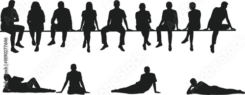 Silhouettes of people sitting and relaxing on a bench and lying on the ground, representing leisure, social interaction and casual outdoor lifestyle in modern environments