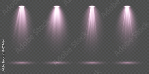 Collection of bright pink scene illumination effects with realistic stage spotlights, glowing pink beams and soft atmospheric rays isolated on transparent background ideal for concert lighting, theate