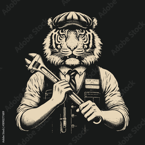 Tiger Mechanic: A Detailed Illustration of a Tiger in Work Attire Holding a Wrench.