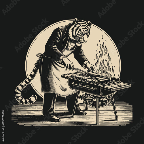 Tiger Chef Grilling: A Unique Culinary Concept Illustration.