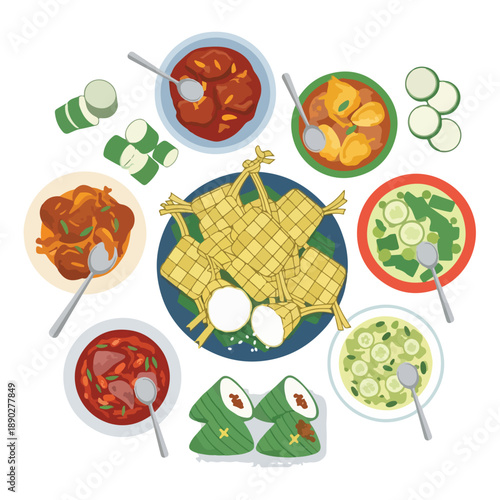 Variety of Asian food dishes on table setting with rice