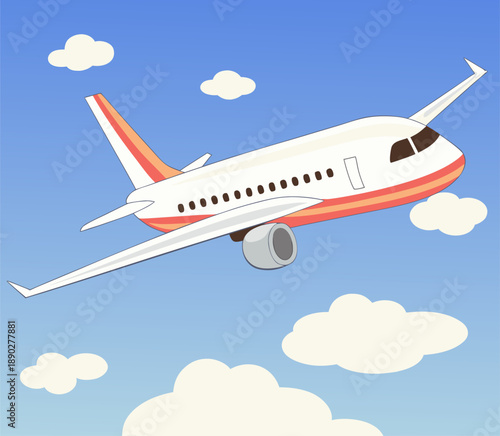 Modern Commercial Airplane Flying Through Blue Sky Clouds