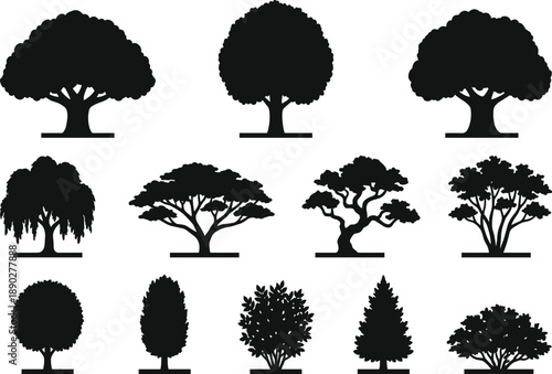 Collection of black tree silhouettes with varied shapes and sizes white background