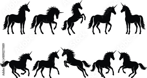 Collection of black unicorn silhouettes in various dynamic poses white background