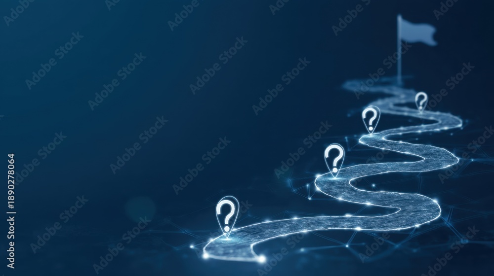 Obraz premium Abstract Digital Illustration of a Winding Path with Question Marks and a Flag on a Blue Background