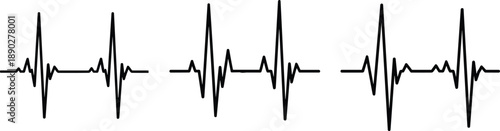 Set of heartbeat pulse line icons showing ECG and EKG waveforms, black cardiology rhythm illustrations isolated on white background for medical design