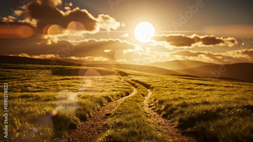 Sunset over rolling grassy hills with dirt path sweeping through landscape captured in warm golden hour light