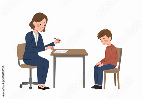 Empathetic female counselor assists a sad young boy in a therapeutic or educational setting, addressing his emotional distress and offering support.