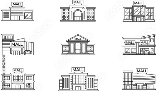Collection of nine line depicting various shopping mall buildings shopping center