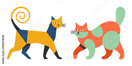 Colorful abstract geometric cats illustration on white background