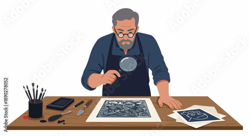 Elderly artist meticulously inspects his linocut print using a magnifying glass, surrounded by traditional printing tools on a studio desk.