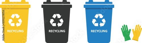 Recycling bins vector illustration set with yellow, black and blue trash containers, recycling symbols and protective gloves for waste management and environmental sustainability concepts