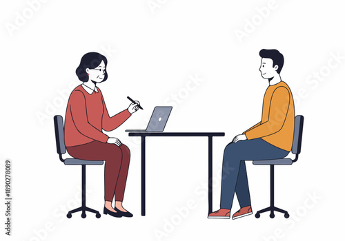 Mentorship or business consultation illustration: an older female professional guides a younger male colleague during a meeting with a laptop.