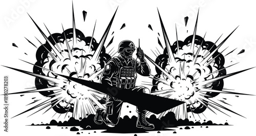 Military soldier silhouette with explosions background, tactical combat scene illustration, special forces warrior action concept isolated on white