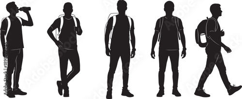 Collection of Professional Black Silhouettes Featuring Young Men Wearing Backpacks Standing Walking and Drinking Water While Traveling or Hiking Isolated on Clean White Background Set