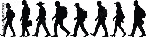 Silhouettes of people walking in a line with bags and backpacks, representing commuting, travel, urban lifestyle and everyday transportation in modern city environments