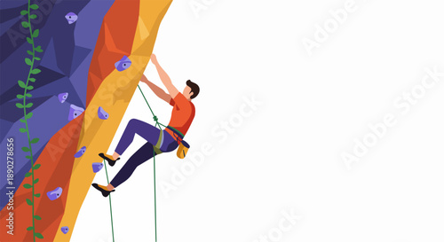 Illustrated man rock climbing on a colorful artificial wall, equipped with safety gear, representing challenge, fitness, and determination in a flat design with ample copy space.