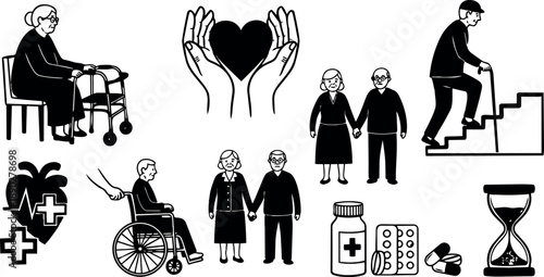 Black and white vector art of elderly couple holding hands medical care symbols and elderly man climbing stairs with cane health support icons