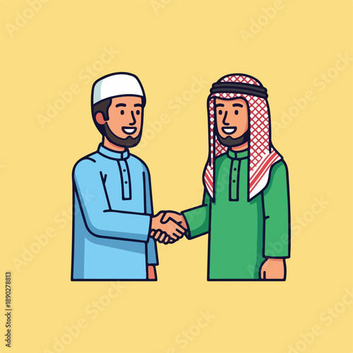 Two men in traditional Middle Eastern clothing shaking hands