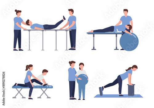 Physical Therapy and Rehabilitation Sessions: Patients Engaging in Various Exercises with the Guidance of Healthcare Professionals for Recovery and Wellness.