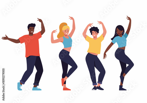 Diverse group of young adults dancing and moving actively, expressing joy and energy in a vibrant illustration of friendship and fitness.