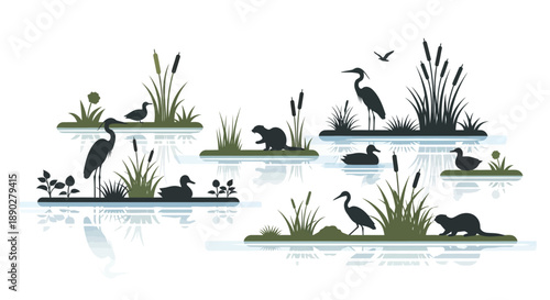 Vector illustration of a wetland ecosystem on World Wetlands Day featuring various animals like ducks and birds in a serene lake environment with lush vegetation, promoting conservation and