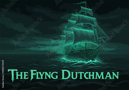 The Flying Dutchman, a spectral ghost ship, navigates a dark, turbulent sea under a haunting, cloudy sky in this eerie maritime illustration.