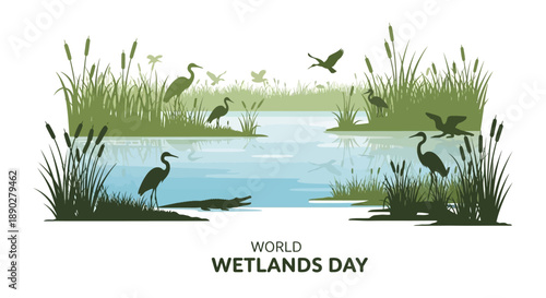 Vector illustration of a serene wetland ecosystem with various animals, plants, and a river, promoting conservation on World Wetlands Day.