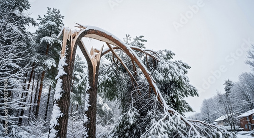 Broken trees after heavy snowfall depict winter storm damage. Snow covered branches from broken trees reveal power of extreme weather conditions.