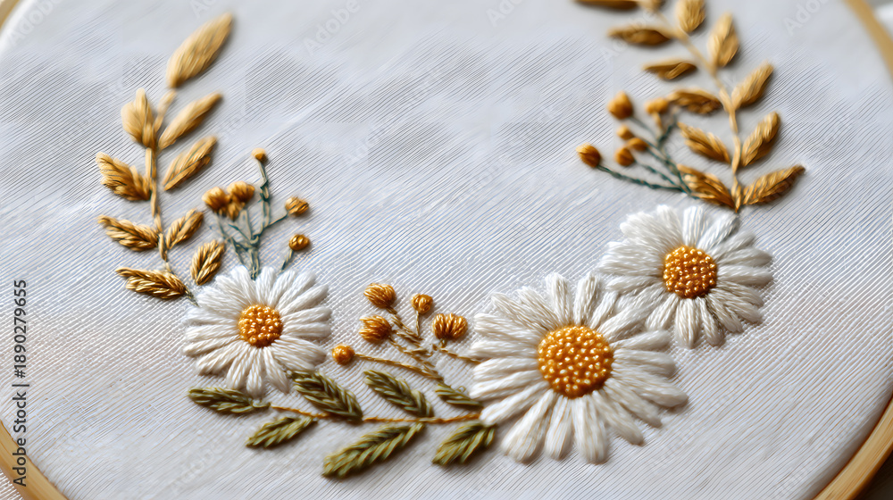 Obraz premium Elegant hand-embroidered floral arrangement with white daisies and golden leaf patterns on textured white fabric